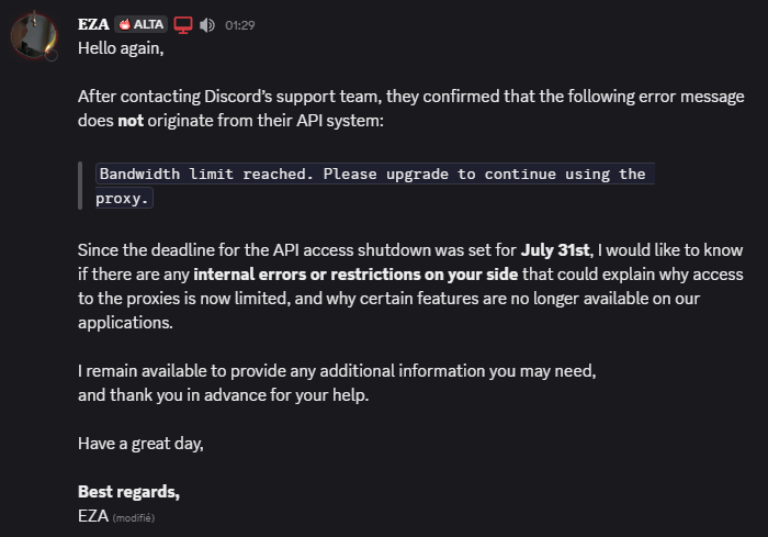 Message à l'hébergeur